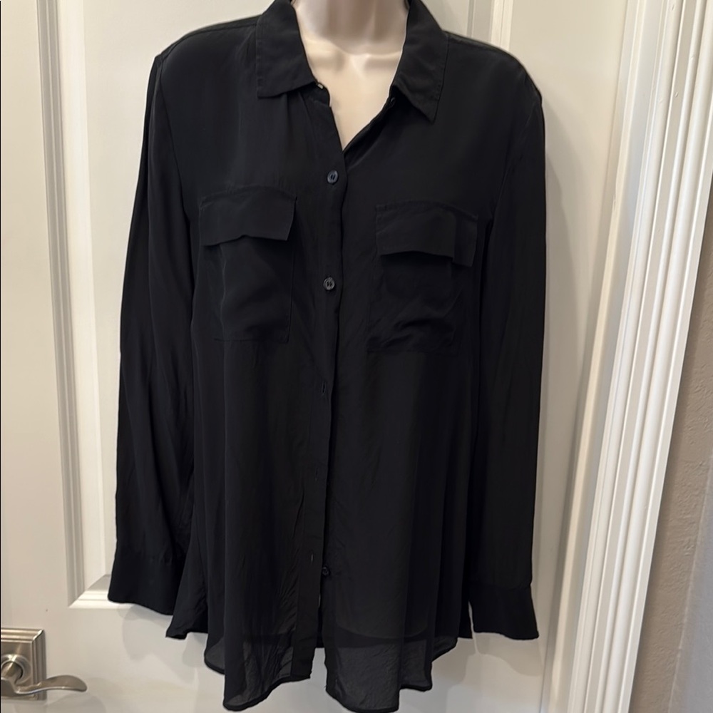 Moda International 100% Silk Black Notched Collar Button Down Shirt